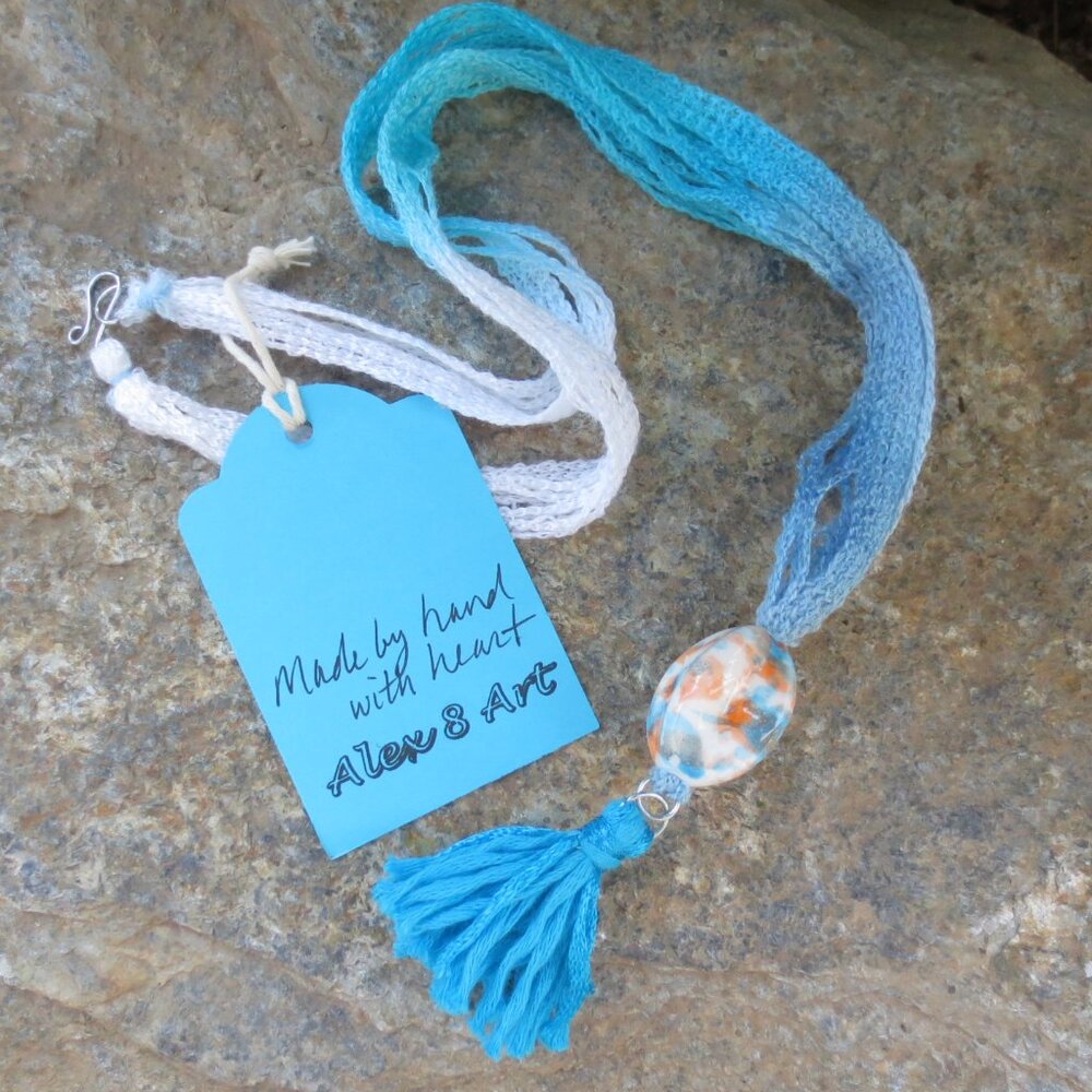New Necklace Teal Peach White Handcrafted Boho Fiber Painted Ceramic Tassel